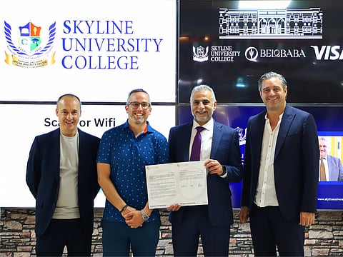 The strategic tri-lateral partnership formalised by Prof. Mohammad In’airat, Vice Chancellor of Skyline University College (SUC),  Jordan Pollack, President of Strategic Partnerships at Interlace Bin Sponsor VISA, and Lluís Mas, Chairman and Founder of BELOBABA