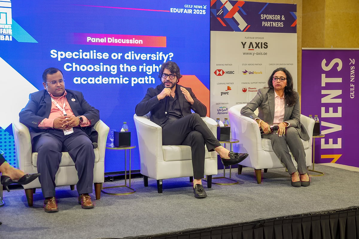Santosh Gopalkrishnan, Head of Academics, Symbiosis International University, Dubai, Dr Sartaj Rasool, Associate Professor and Head, Department of Management Studies, BITS Pilani Dubai Campus, and Dr Vidya Nandagopal, Director, Center for Executive Development at University of Dubai, speaking at Gulf News Edufair