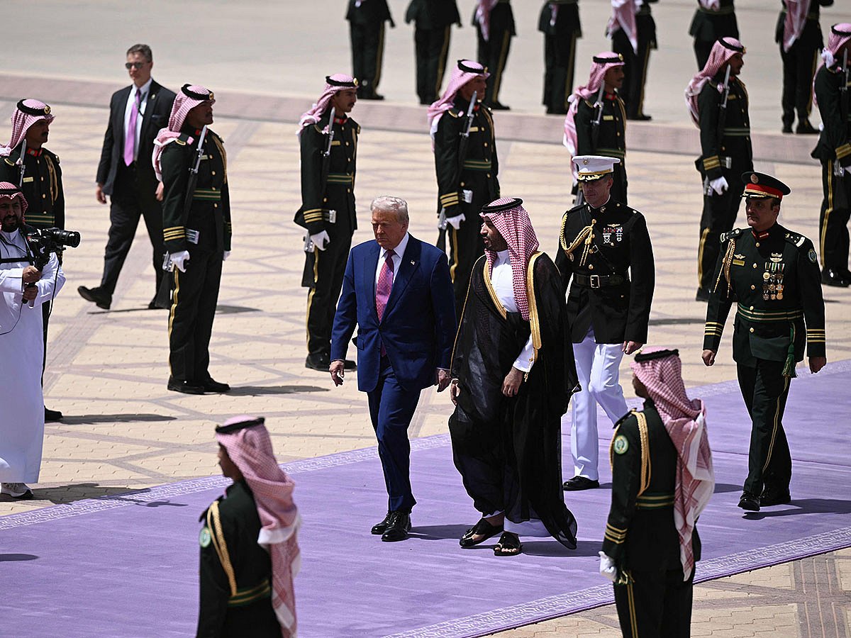 Lavender carpet welcome: Saudi Crown Prince Mohammed bin Salman with US President Donald Trump upon his arrival in Riyadh on May 13, 2025.  