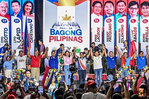 This file photo taken on May 9, 2025, shows Philippines' President Ferdinand Marcos Jr (C) attends a campaign rally of senatorial candidates under his party in Mandaluyong, Metro Manila, ahead of the midterm elections.