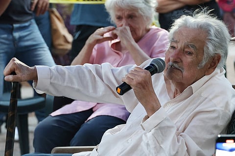Uruguayan former President (2010-2015) Jose Mujica talks to supporters next to his wife Lucia Topolansky in Los Cerrillos, Canelones, Uruguay, on November 16, 2024. File photo.