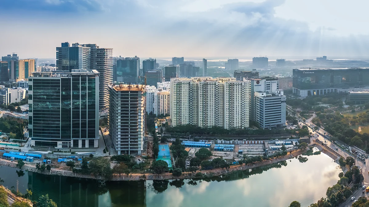 An aerial view of the financial district in Hyderabad. 