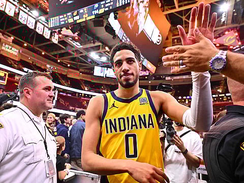 Tyrese Haliburton #0 of the Indiana Pacers greets fans after defeating the Cleveland Cavaliers 114-105 in Game Five of the Eastern Conference Second Round NBA Playoffs at Rocket Arena on May 13, 2025 in Cleveland, Ohio.