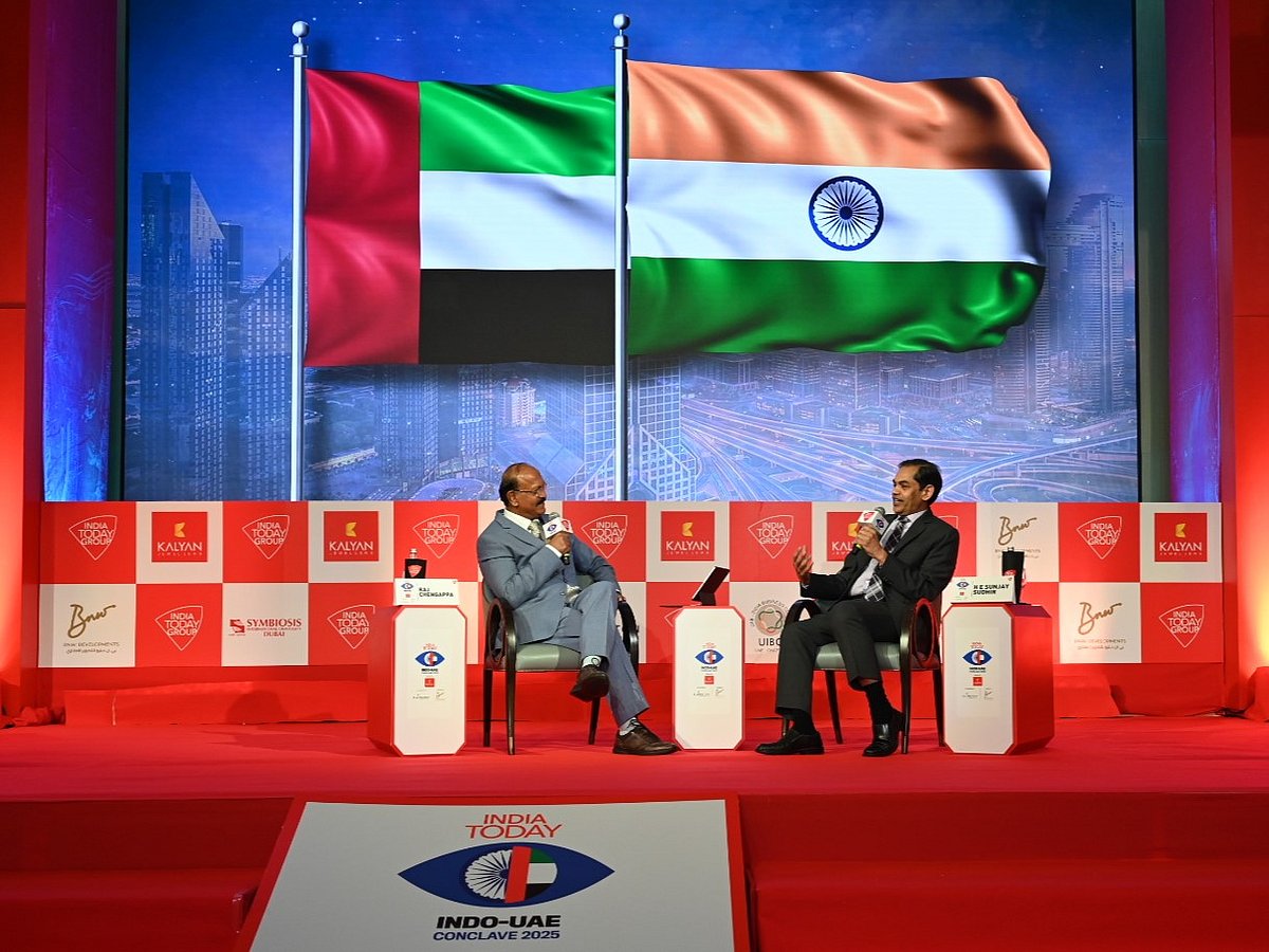 Indian Ambassador to the UAE, Sunjay Sudhir, in a fireside chat with Raj Chengappa, Group Editorial Director (Publishing), India Today Group, during the Indo-UAE Conclave in Dubai.
