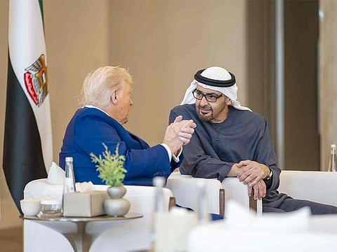 President His Highness Sheikh Mohamed bin Zayed Al Nahyan with US President Donald Trump at Qasr Al Watan in Abu Dhabi.