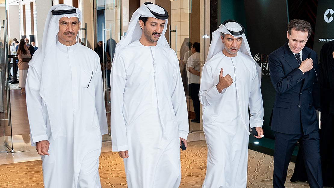 From left to right: Essam Al Tamimi, Abdulla Bin Touq Al Marri, UAE Minister of Economy,  Maher Al Kaabi, and Dr Jean Fares at the Family Business Symposium in Abu Dhabi