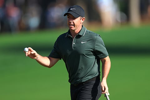 Rory McIlroy of Northern Ireland reacts to a birdie on the 10th hole during the first round of the PGA Championship at Quail Hollow Country Club on May 15 in Charlotte, North Carolina.