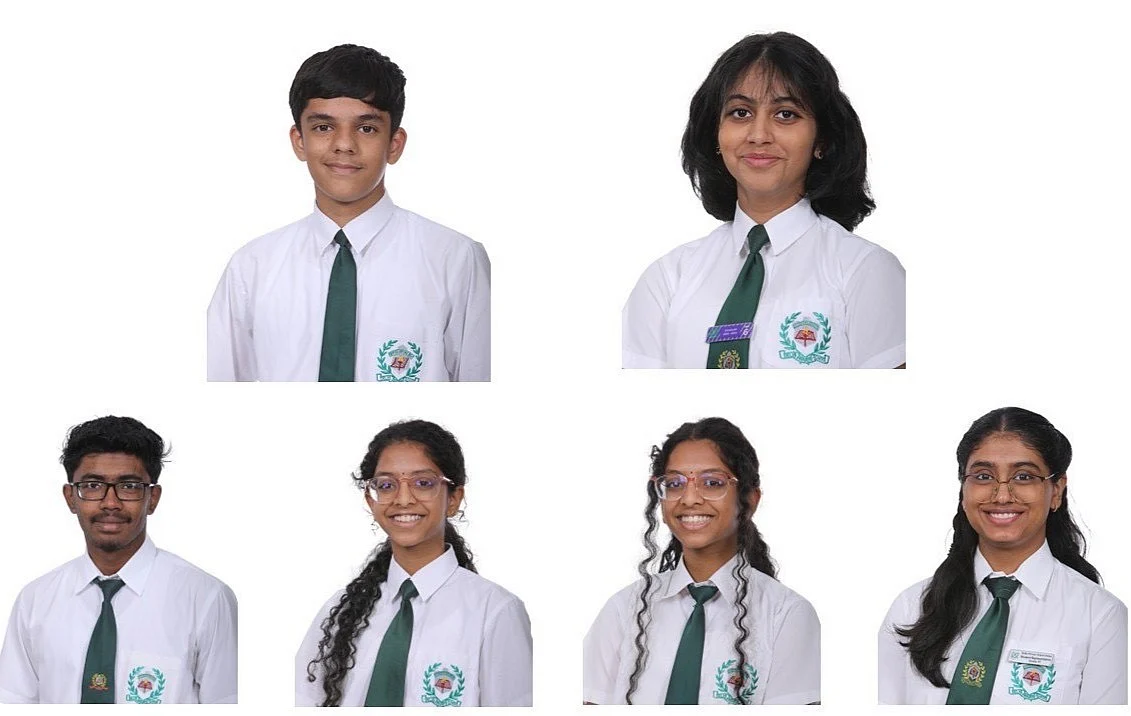 From top left to bottom right, Jashanpreet Singh (School Topper -97.8 %), Shreya Shyam Menon (Second Position 97.6 %), Arshad Babu, Thiksha Sudharshini Suresh Kumar, Thaksha Sudharshini Suresh Kumar and Dhievya Parameswaran (Third Position 97.4 %)