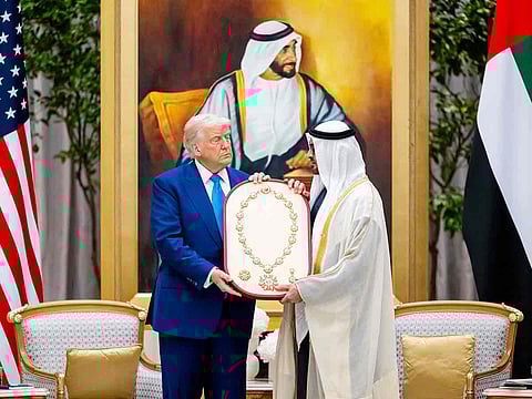 Sheikh Mohamed presents the ‘Order of Zayed’ medal to Donald Trump, at Qasr Al Watan.