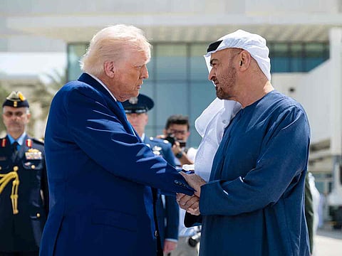 President His Highness Sheikh Mohamed bin Zayed Al Nahyan bids farewell to US President Donald Trump at the Presidential Airport in Abu Dhabi.