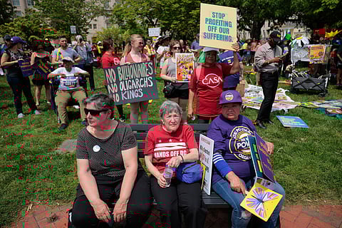 Demonstrators rally in Lafayette Square near the White House to demand the return of Kilmar Armando Abrego Garcia to the United States and to mark the May Day holiday on May 01, 2025 in Washington, DC. Organised by CASA De Maryland, the National Education Association, Service Employees International Union and other civil rights and union organisations, the marchers and rally-goers focused their protest agains the administration of President Donald Trump and the Supreme Court's order that Kilmar Armando Abrego Garcia be released from a terrorism prison in El Salvador and returned to his family in Maryland.