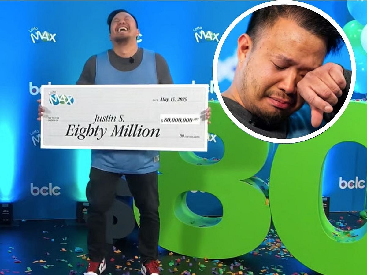 Justin Simporios, 35, could barely hold it together as he picked up his life-changing cheque—an eye-popping C$80-million ($57 million) Lotto Max Quick Pick jackpot win on May 9. Cue the happy tears.