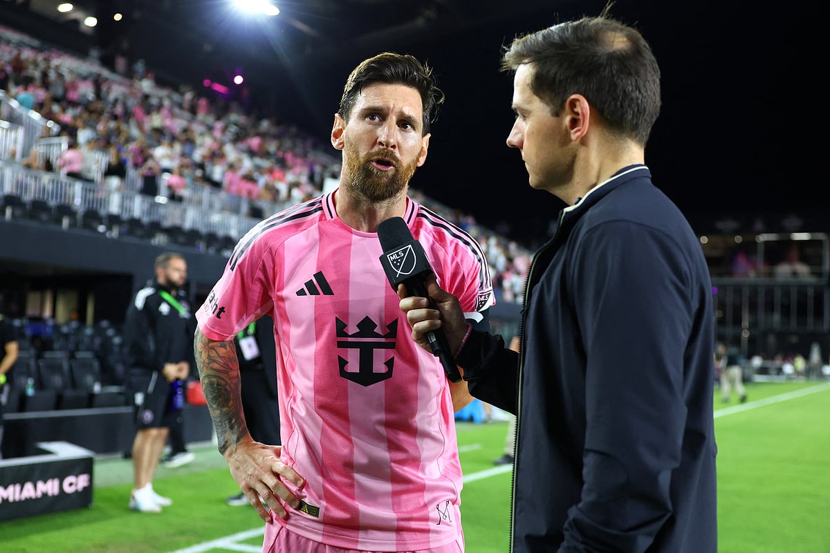 Lionel Messi #10 of Inter Miami CF speaks in the post-match interview after the MLS match between Inter Miami CF and Orlando City at Chase Stadium on May 18, 2025 in Fort Lauderdale, Florida.