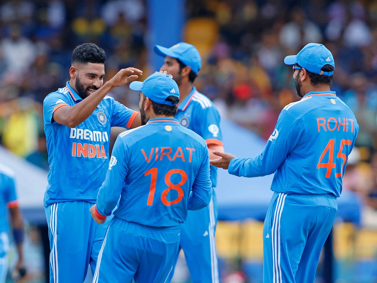 Mohammed Siraj, who produced a match-winning spell, celebrates with teammates during the Asia Cup final against Sri Lanka in Colombo in 2023.
