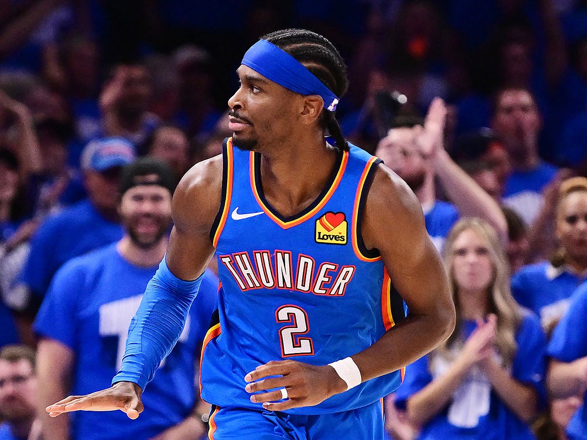 Shai Gilgeous-Alexander #2 of the Oklahoma City Thunder reacts after scoring during the fourth quarter of a game against the Denver Nuggets in Game Seven of the Western Conference Second Round NBA Playoffs at Paycom Center on May 18, 2025 in Oklahoma City, 