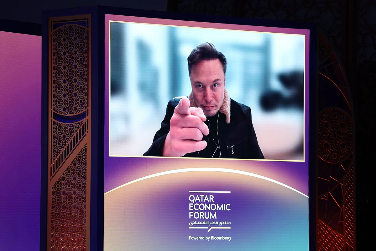 Elon Musk speaks via video link at the Qatar Economic Forum on May 20