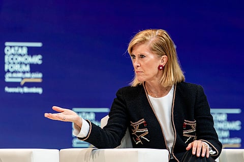 Mary Callahan Erdoes, chief executive officer of JPMorgan Chase & Co.'s asset and wealth management arm, speaks at the Qatar Economic Forum 2025.