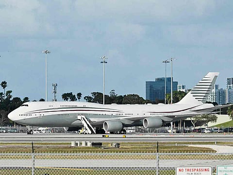 In this February 15, 2025 a Qatari Boeing 747 sits on the tarmac of Palm Beach International airport after US President Donald Trump toured the aircraft. US Defence Secretary Pete Hegseth has accepted the Boeing 747 that Qatar offered to President Trump for use as Air Force One, the Pentagon said Wednesday. 