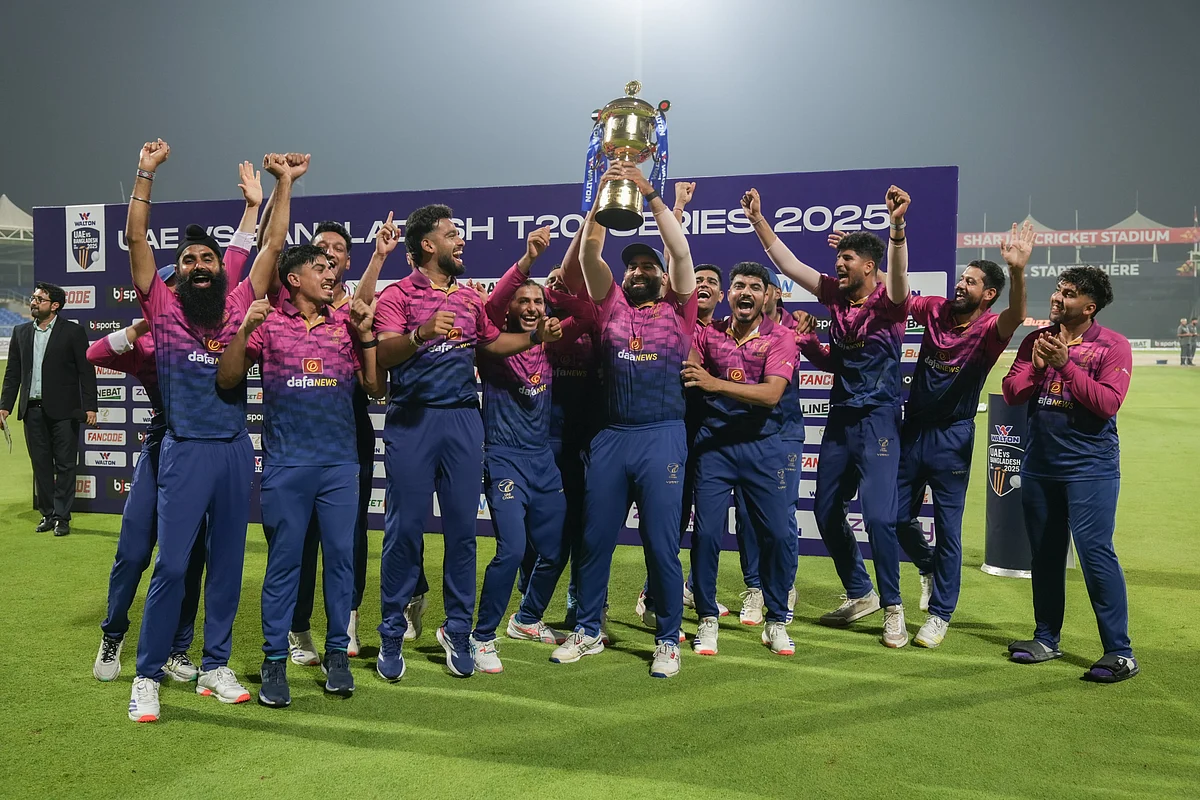 UAE players celebrate after winning the third match of the Twenty20 series against Bangladesh at Sharjah Cricket Stadium. The hosts will face Pakistan and Afghanistan at the same venue later this month.