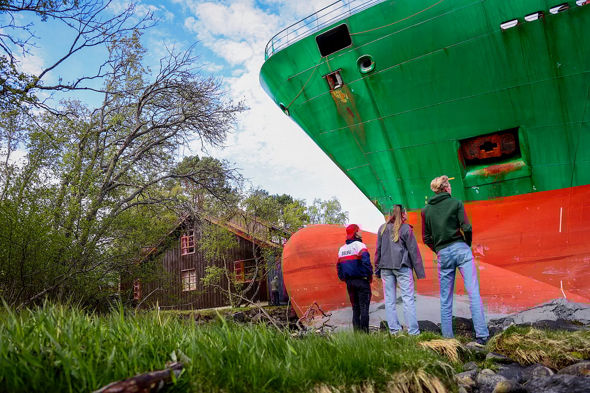meter-long container ship is pictured by the shore as bystanders watch after it ran aground.