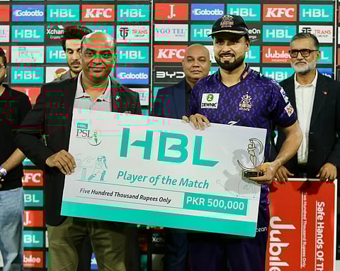 Quetta Gladiators' Faheem Ashraf receiving the Player of the Match for his efforts during the win against Islamabad United in PSL Qualifier 1 on Wednesday.