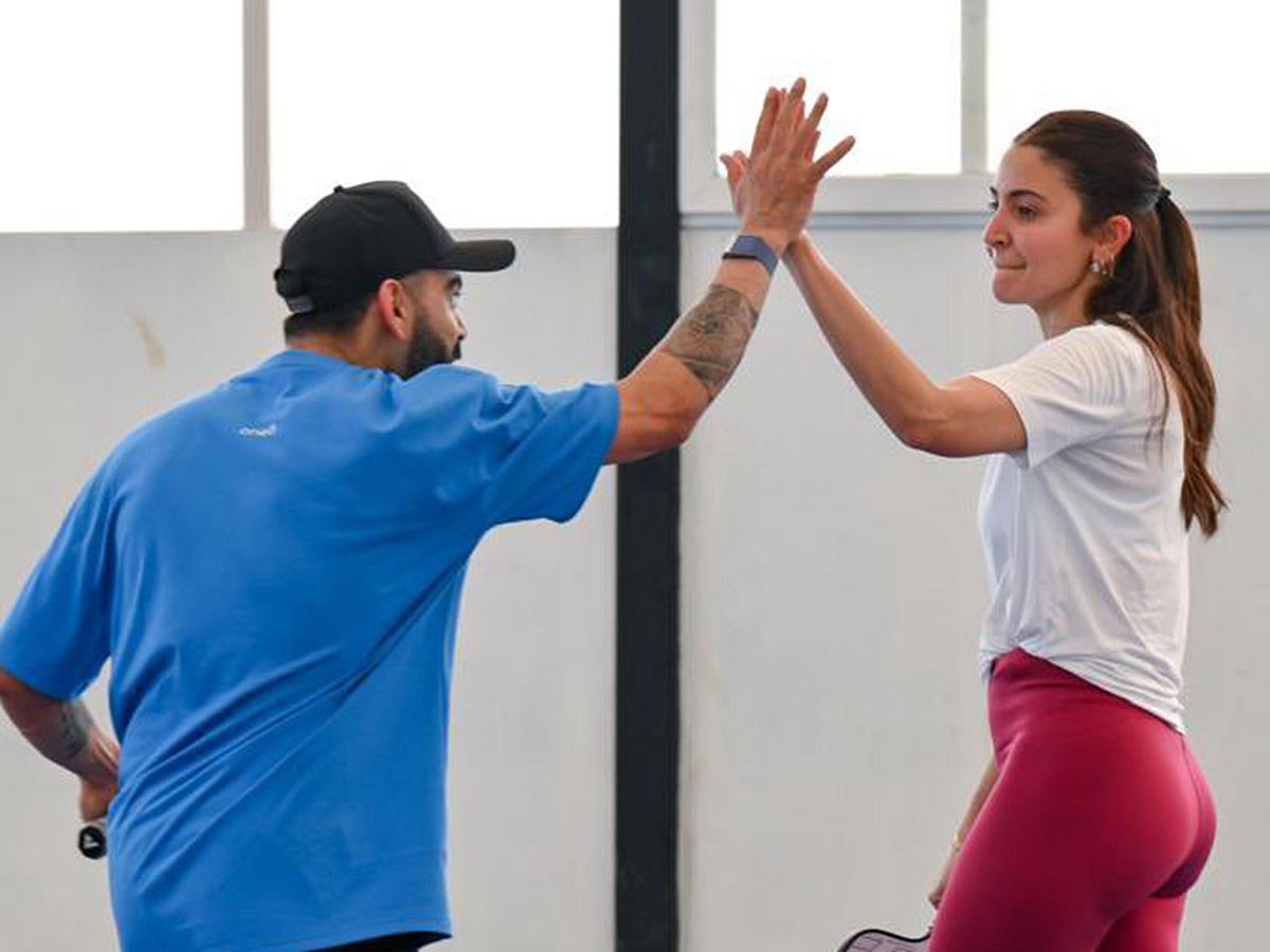 Virat Kohli and his wife Anushka Sharma having fun during a pickleball game.