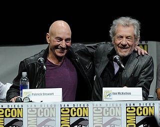 Actors Patrick Stewart (L) and Ian McKellen at the 20th Century Fox panel during Comic-Con International 2013 at San Diego Convention Center. 