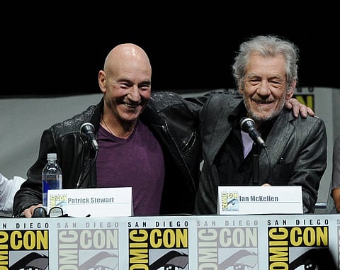Actors Patrick Stewart (L) and Ian McKellen at the 20th Century Fox panel during Comic-Con International 2013 at San Diego Convention Center. 