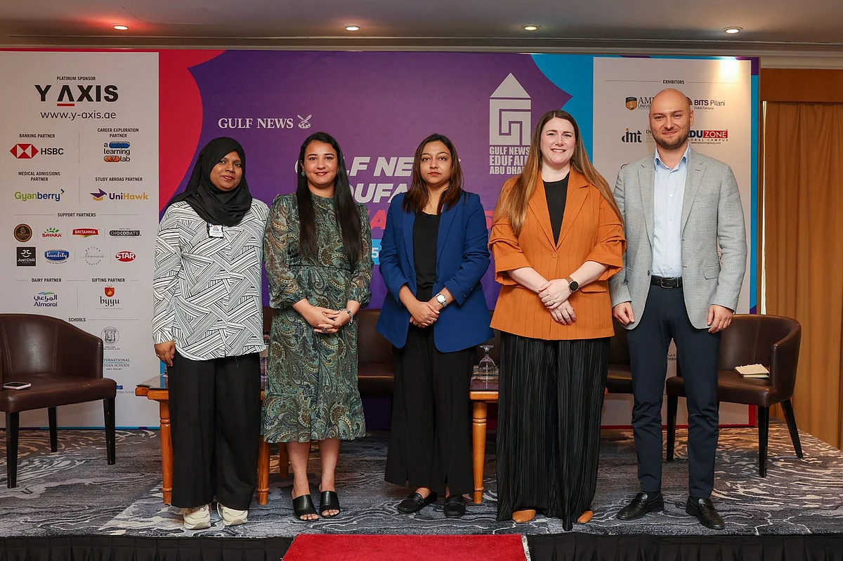 Reshma Ibrahim Belma Kankoor, CU Guidance Counsellor, Asian International Private School, Al Dhannah City, Ariba Rao, School Counsellor, GEMS United Indian School, Aneeta Sumin Joy, School counsellor, International Indian School, Abu Dhabi, Kylee Ann Schnitzer, English Instructor cum University Essay Coach, Score Plus Education, and Andy Awad, Deputy Director, SABIS Regional Centre UAE during a panel discussion on the first day of GN Edufair Abu Dhabi on Saturday. 


