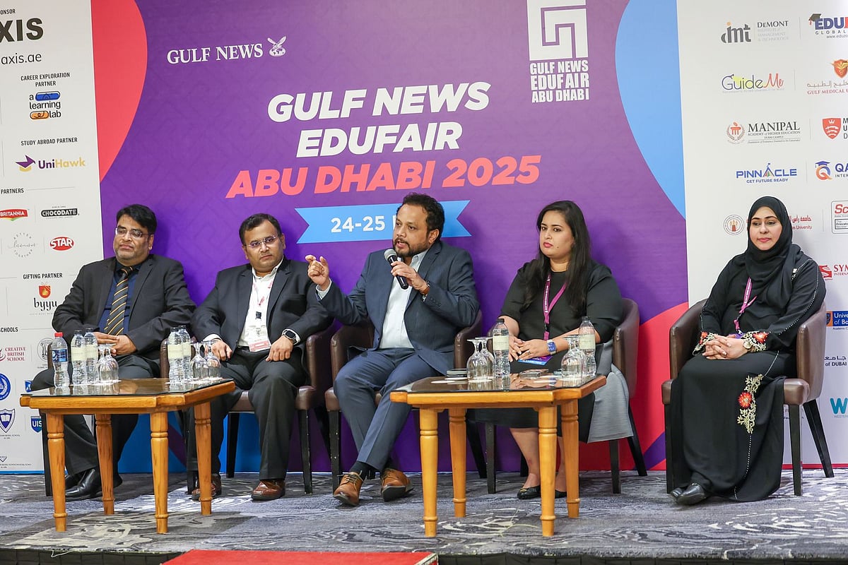 Dr. Subhranshu Sekhar Kar, Associate Dean - Curriculum Development and Implementation and Professor of Pediatrics, RAK Medical and Health Sciences University, Santosh Gopalkrishnan, Head of Academics, Symbiosis International University, Dubai, Dr Soofi Anwar, Associate Dean, DeMont Institute of Management and Technology, Namrata Walia, Co-founder and Head of Admissions, GuideMe Education and Humera Khan, CEO & Managing Director, Pinnacle Innovation & Education during a panel discussion on the second day of Gulf News Edufair Abu Dhabi

