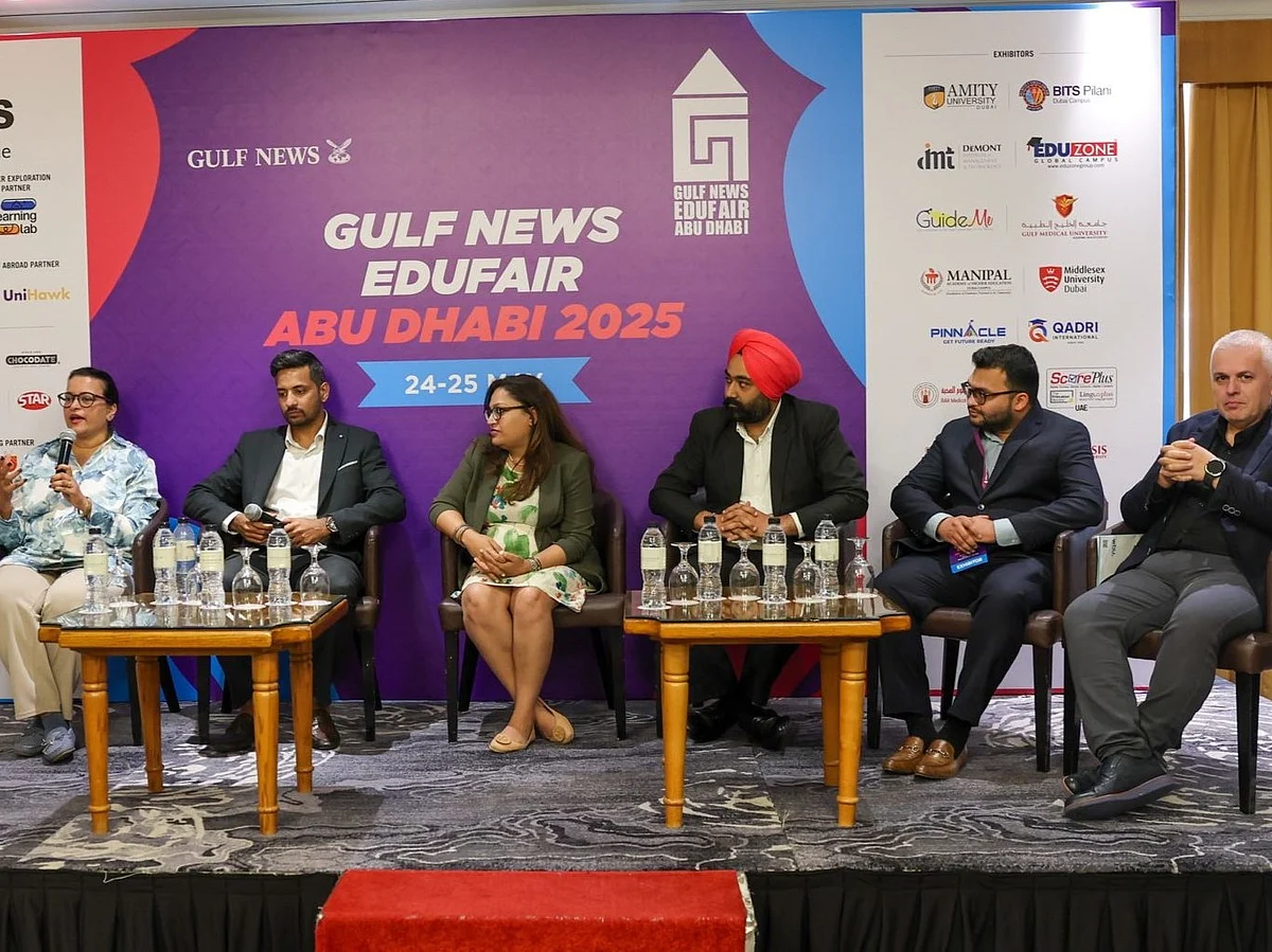 Seema Krishna, Tejas Labhshetwar, Shivani Kumar, Gagandeep Singh, Muhammad Zaid Qadri, and Agron Hoxha, during a panel discussion at the Gulf News Edufair Abu Dhabi.  