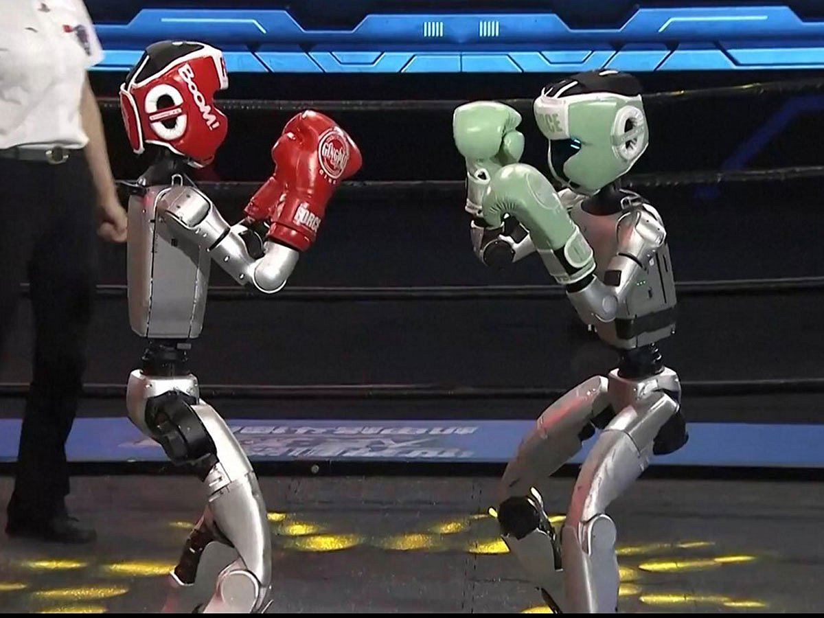 Robots involved in a boxing bout in Hangzhou, China.
