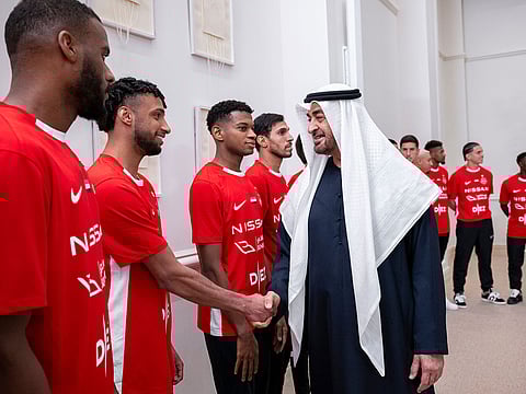 Sheikh Mohamed receives Shabab Al Ahli players after their title-winning season in the UAE, where they claimed four major trophies.
