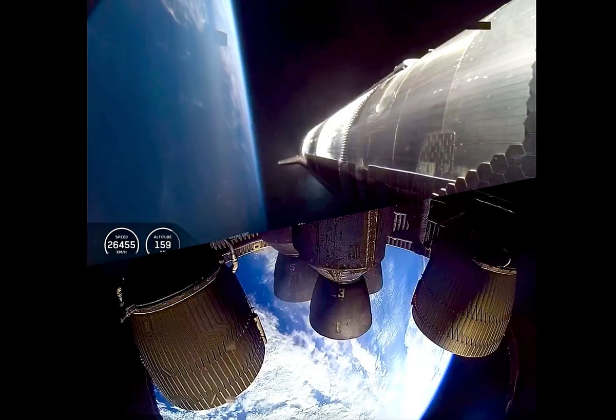 A combo photo shows Space X's next-generation Starship spacecraft, atop its powerful Super Heavy rocket launched on May 27.