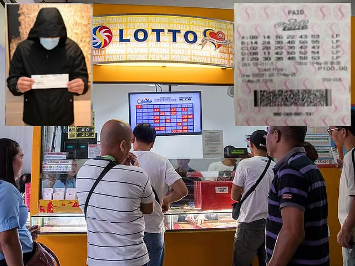 The winner (top left), a resident of Mandaluyong City, has been a regular bettor for the past decade. Inset (right) is the winning ticket.
