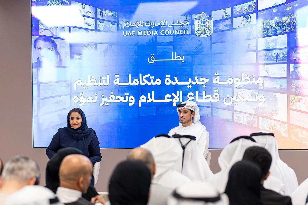 Mohammed Saeed Al Shehhi, Secretary-General of the UAE Media Council, and Maitha Al Suwaidi, CEO of Strategy and Media Policies Sector, during the press conference in Dubai on Thursday