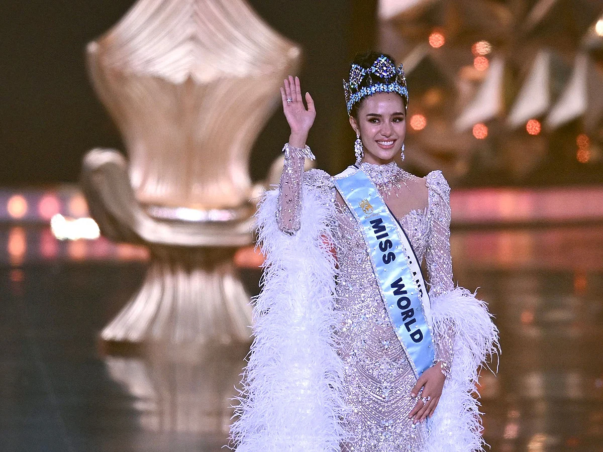 Thailand’s Opal Suchata Chuangsri celebrates after winning the 72th Miss World 2025 pageant at the HITEX Exhibition Centre in Hyderabad on May 31, 2025. 