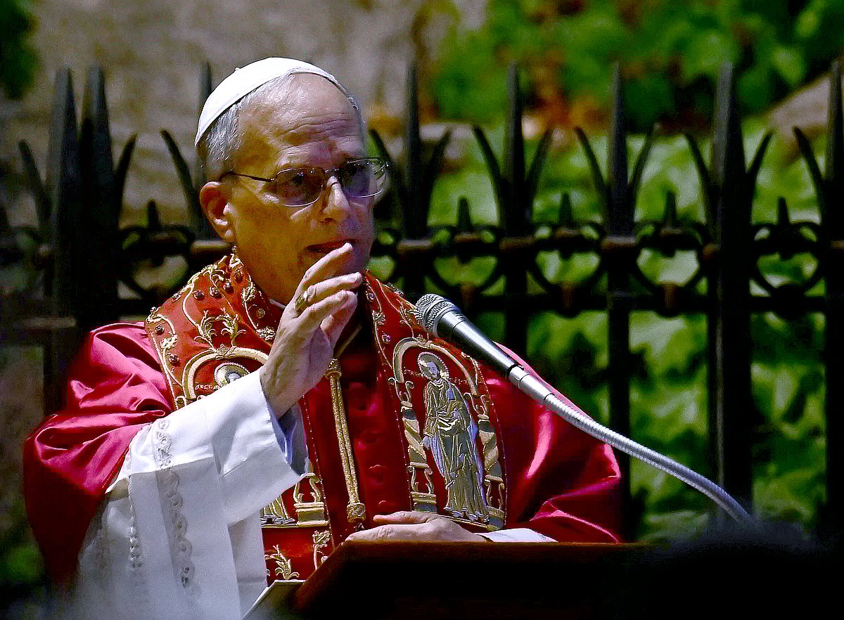 Pope Leo XIV delivers his blessing as he presides over the celebration of the conclusion of the Marian month of May, with a thanksgiving prayer and reflections on the Mother of God, at the Vatican on May 31, 2025.