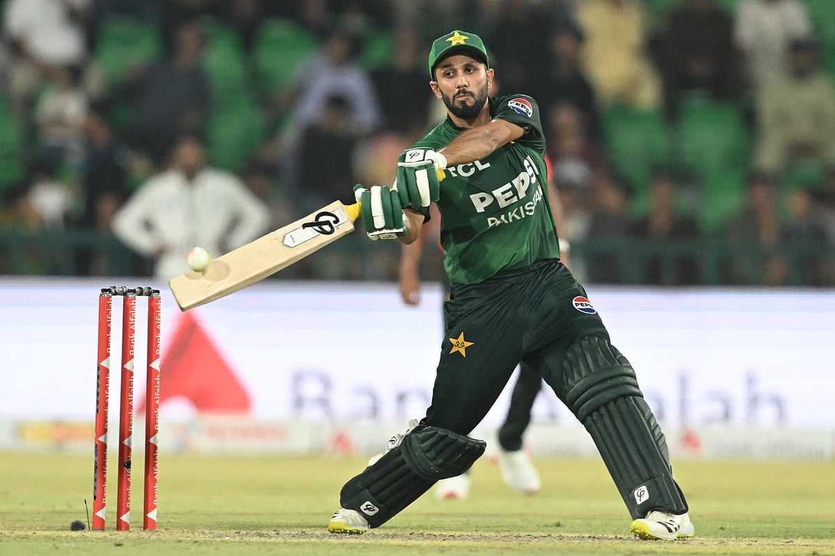 Pakistan's Mohammad Haris plays a shot during his swashbuckling century against Bangladesh at Gaddafi Cricket Stadium in Lahore on Sunday.
