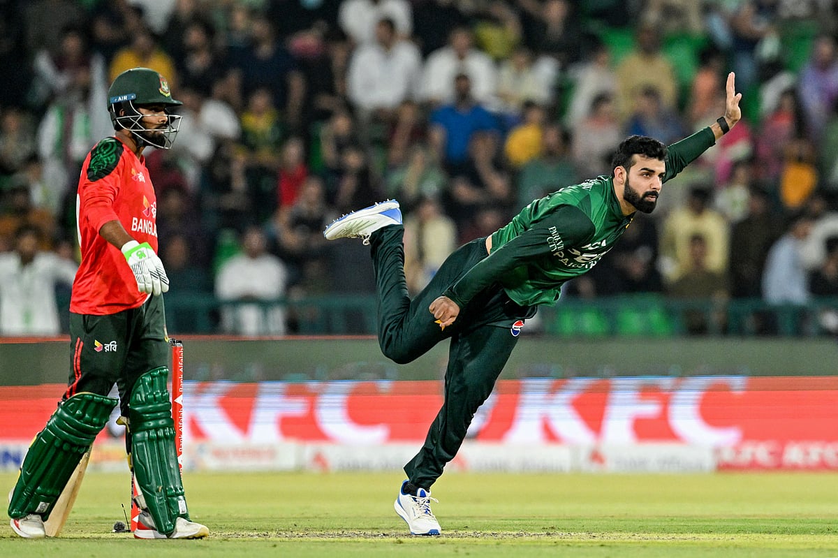 Pakistan's Shadab Khan in action during the third and final Twenty20 international cricket match against Bangladesh at the Gaddafi Cricket Stadium in Lahore on June 1, 2025.