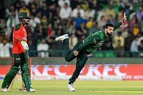 Pakistan's Shadab Khan in action during the third and final Twenty20 international cricket match against Bangladesh at the Gaddafi Cricket Stadium in Lahore on June 1, 2025.