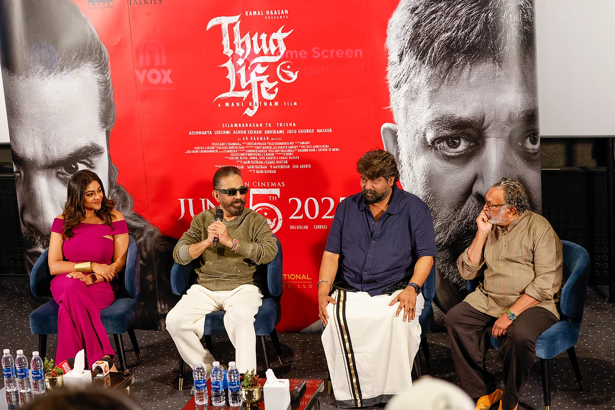 Kamal Haasan, Abhirami and others at the press conference of his new movie Thug Life in Dubai. 