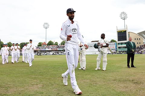 England's Shoaib Bashir takes the applause as he leaves ahead of his teammates after taking six wickets in the second Innings as England win the test match by an innings and 45 runs on the third day of the four day Test cricket match against Zimbabwe at Trent Bridge in Nottingham on May 24, 2025.