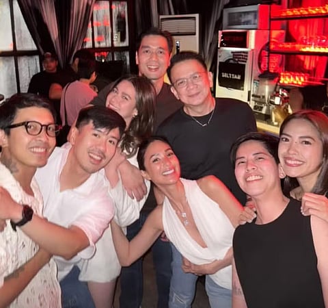 Bea Alonzo (3rd from left), with Vincent Co (centre, back) pose with global fashion icon Heart Evangelista (middle foreground), with her husband Senate President Chiz Escudero, and friends.