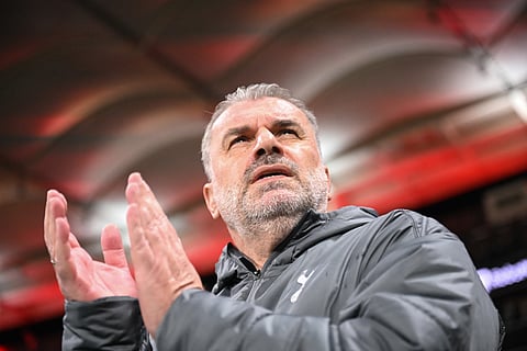 Tottenham Hotspur's Greek-Australian head coach Ange Postecoglou looks on during the UEFA Europa League quarter-final second leg football match between Eintracht Frankfurt and Tottenham Hotspur in Frankfurt am Main, western Germany on April 17, 2025.