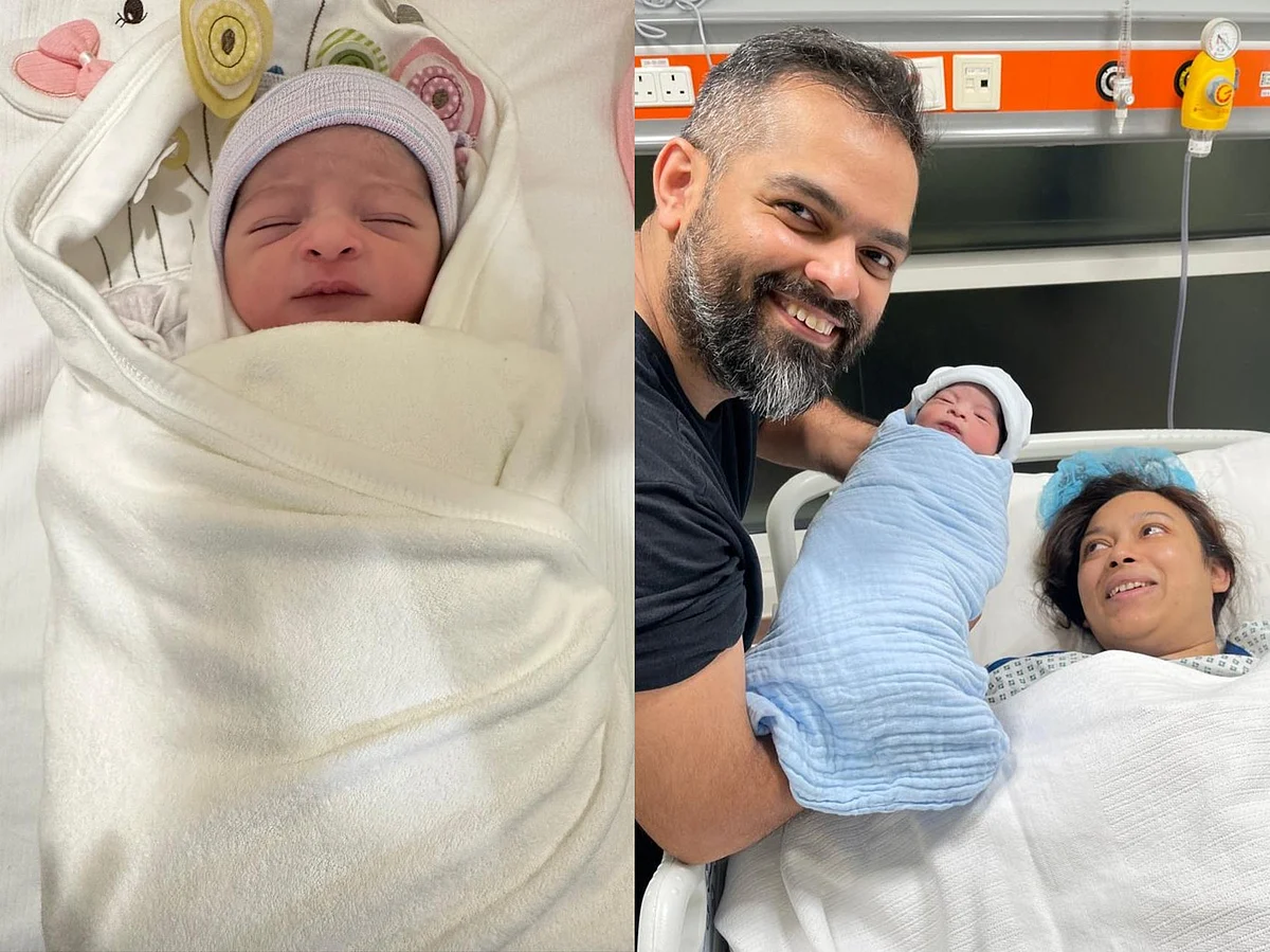 Left: Baby girl Sila, born at 1:39 am at NMC Royal Hospital, Abu Dhabi. Right: Indian parents Nikita Paresh Wadka and Yogesh with their baby boy, born at 1:54 am at Prime Hospital, Dubai.