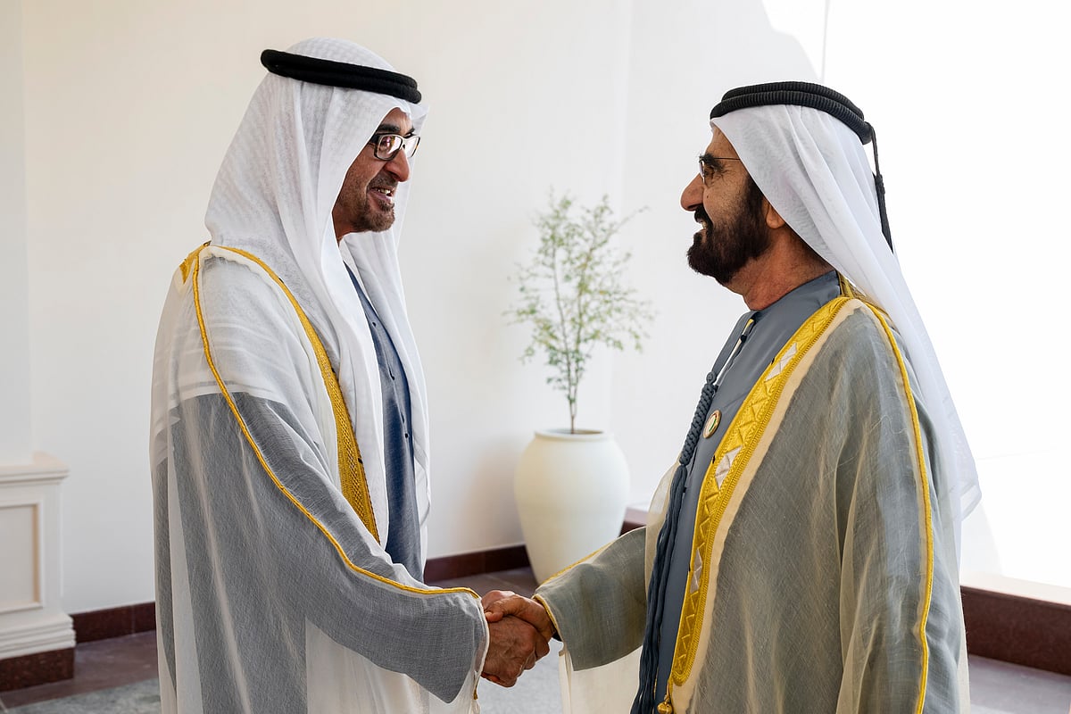 President His Highness Sheikh Mohamed bin Zayed Al Nahyan with His Highness Sheikh Mohammed bin Rashid Al Maktoum, Vice President, Prime Minister, and Ruler of Dubai on the occasion of Eid Al Adha.