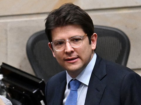 Senator Miguel Uribe looks on after the Senate voted against the government labor reform referendum promoted by Colombia's President Gustavo Petro in Bogota on May 14, 2025.