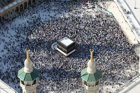 This aerial view shows Muslims visiting the Grand Mosque in the Saudi holy city of Mecca on June 8, 2025, at the end of the annual Hajj pilgrimage.