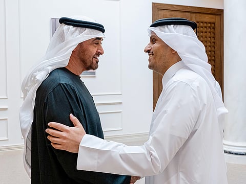 President His Highness Sheikh Mohamed bin Zayed Al Nahyan receives Sheikh Mohamed bin Abdulrahman bin Jassim Al Thani, Prime Minister and Minister of Foreign Affairs of Qatar, at Qasr Al Bahr in Abu Dhabi.